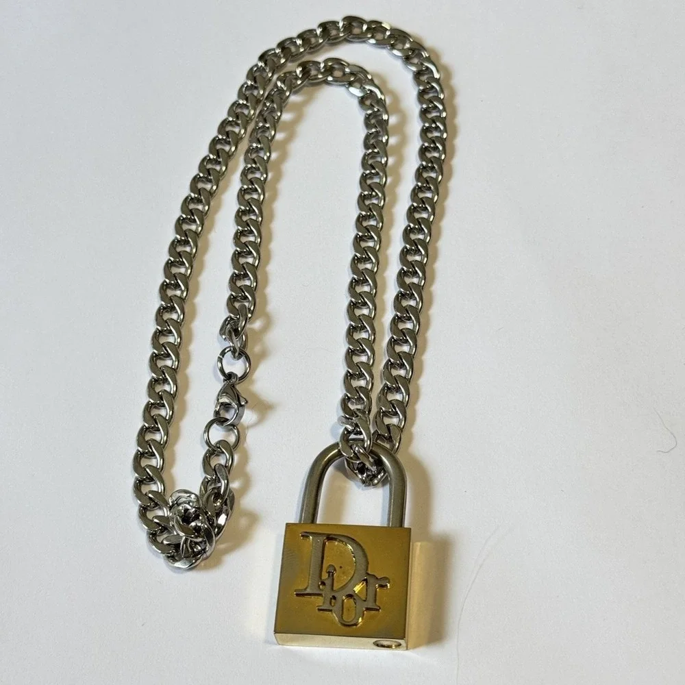 Vintage Christian Dior Padlock Necklace Two Tone Rare